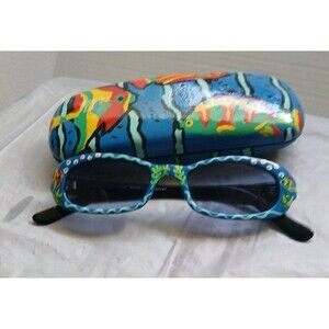 Womans Hand Painted Tropical Sunglasses With Case Blue-Red-Green Art Wear Unique